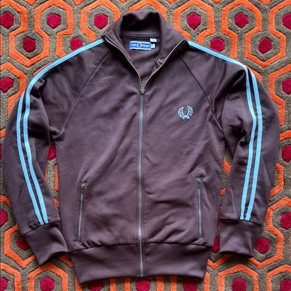 Men's Fred Perry Brown Track Jacket with Blue Stripes Men's XS
